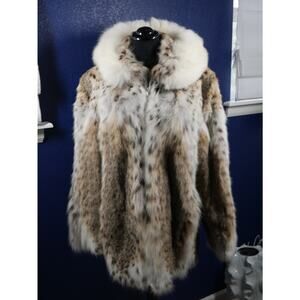 Gorgeous Heavily Spotted Lynx & Fox Fur Coat Jacket w/ hood